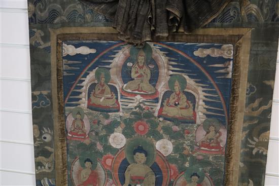 A thangka depicting Buddha Shakyamuni, Tibet, 19th century, Total dimensions, 129.5cm x 83cm